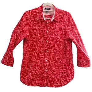 CHAPS women’s no iron Red & White Polka Dot button up Shirt size large